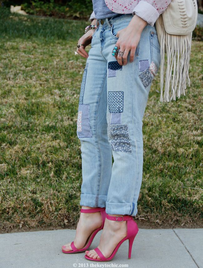 Gap patchwork jeans, ankle strap heels, Mossimo fringe bag
