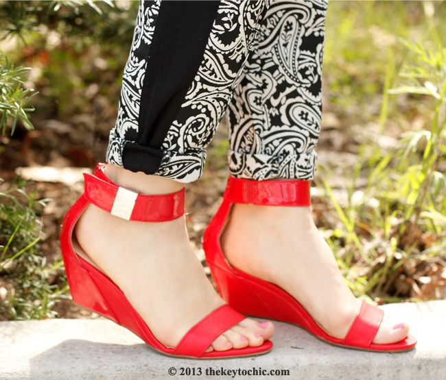 Boohoo Boutique jacquard trousers, Prabal Gurung for Target red wedges, L.A. fashion blog, spring 2013 fashion trends, blue Merona turnlock handbag