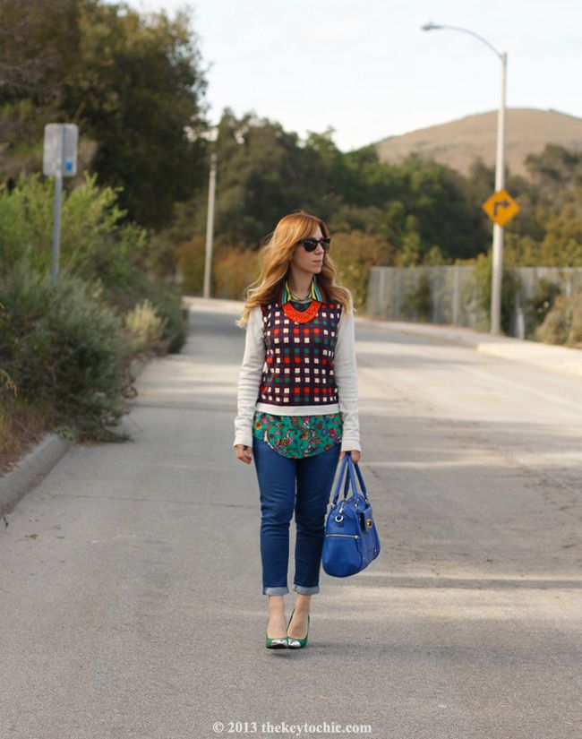 Duro Olowu for JCPenney paisley stripe blouse and plaid sweater, Mossimo Viveca cap toe pumps, Merona turnlock satchel, 7 for All Mankind jeans, Los Angeles fashion blog