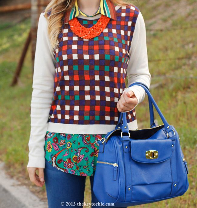 Duro Olowu for JCPenney blouse and plaid sweater, Merona turnlock satchel, Los Angeles fashion blog