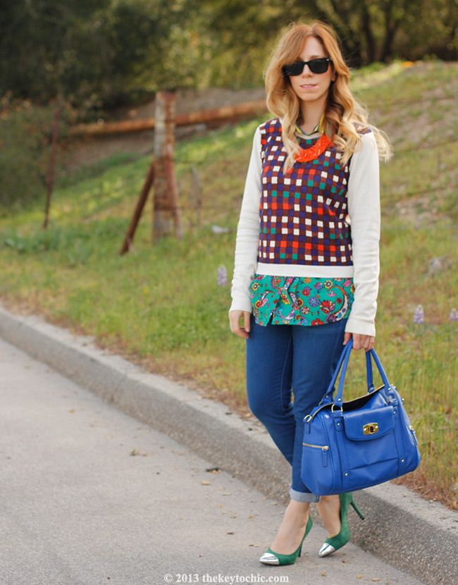 Duro Olowu for JCPenney paisley stripe blouse and plaid sweater, Mossimo Viveca cap toe pumps, Merona turnlock satchel, Los Angeles fashion blog