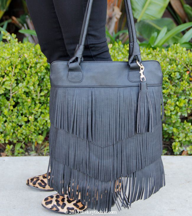 Mossimo black fringe handbag, Topshop Ava leopard print ankle boots