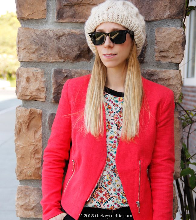 ivory beret, batik print top, Target Mossimo red tweed blazer