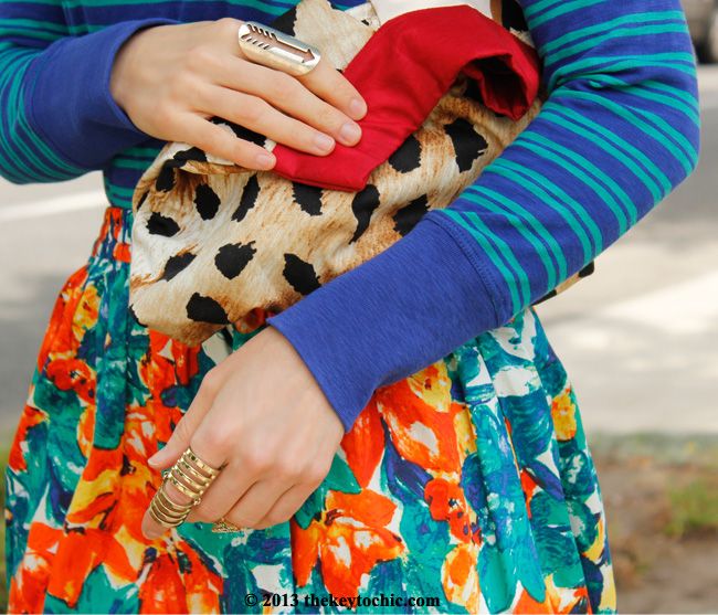 striped J Crew top, floral Duro Olowu for JCPenney skirt, Diana Bobar leopard print handbag, Los Angeles fashion blogger