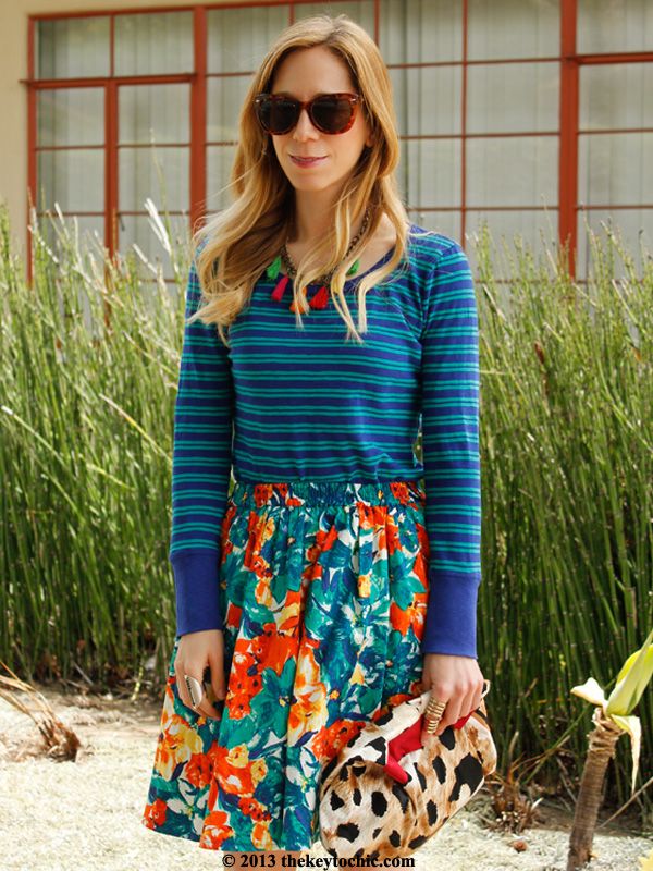 striped J Crew top, floral Duro Olowu for JCPenney skirt, Los Angeles fashion blogger