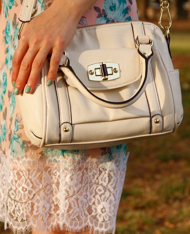 Ray Ban Clubmaster sunglasses, Xhilaration floral slip dress with lace trim, Merona satchel, Target Mossimo mint green skull belt, and Merona denim jacket