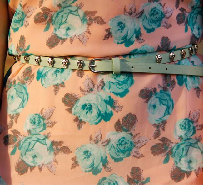 Ray Ban Clubmaster sunglasses, Xhilaration floral slip dress with lace trim, Merona satchel, Target Mossimo mint green skull belt, and Merona denim jacket