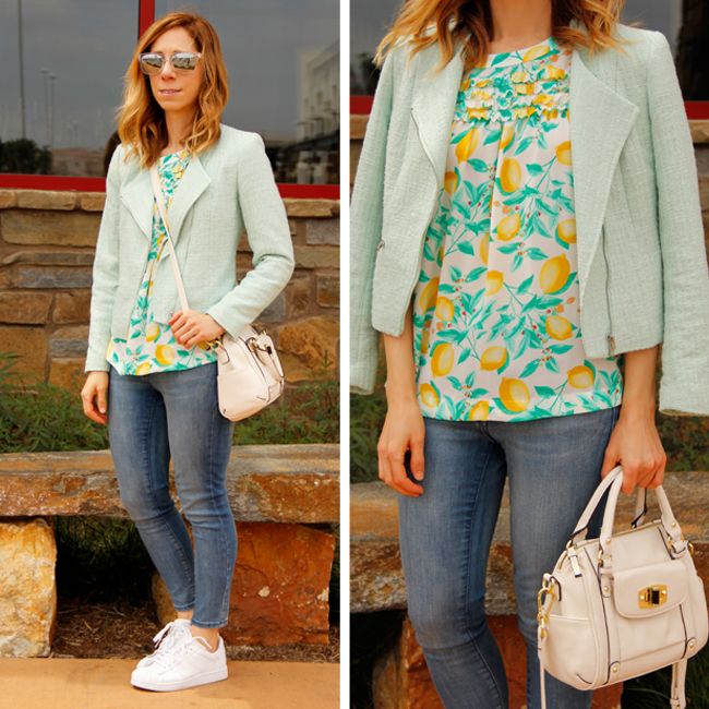 Fashion blogger The Key To Chic wears an Elle lemon print blouse, Old Navy Rockstar jeans, and Adidas sneakers