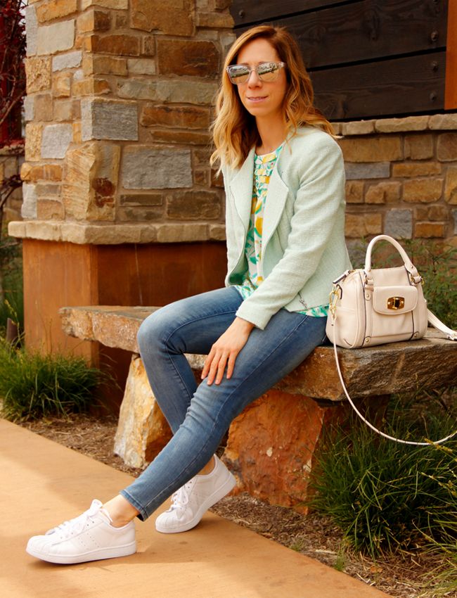 Fashion blogger The Key To Chic wears an Elle lemon print blouse, Old Navy Rockstar jeans, tweed blazer, and Adidas Superstar 2 sneakers