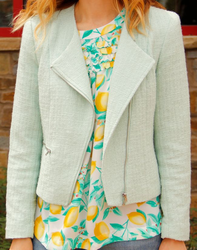 H&M tweed blazer, Elle lemon print ruffle crepe top