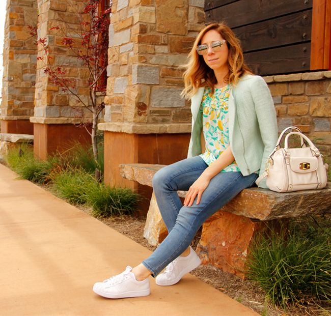 Fashion blogger The Key To Chic wears an Elle lemon print ruffle blouse, Old Navy Rockstar jeans, and Adidas Superstar 2 sneakers