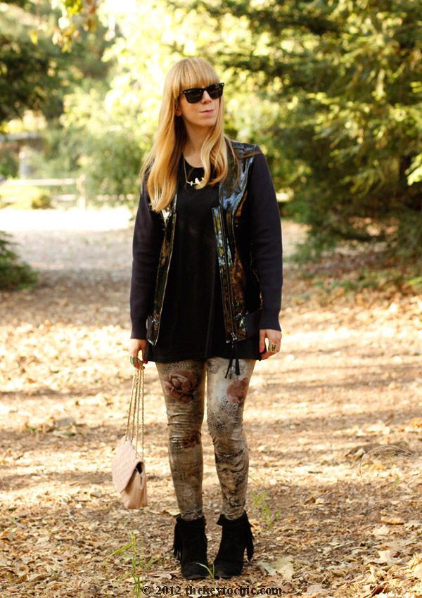 Zara heart T-shirt, Marni at H&M patent jacket, rose printed Fashion Mic leggings, Sam Edelman Louie boots, Los Angeles fashion blog