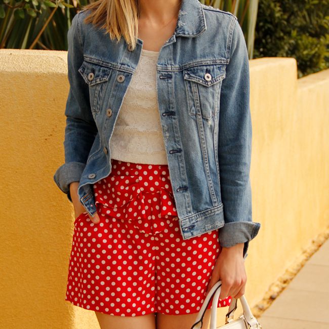 LC Lauren Conrad Minnie Mouse red polka dot soft shorts, AG jeans denim jacket, Mossimo lace crop top