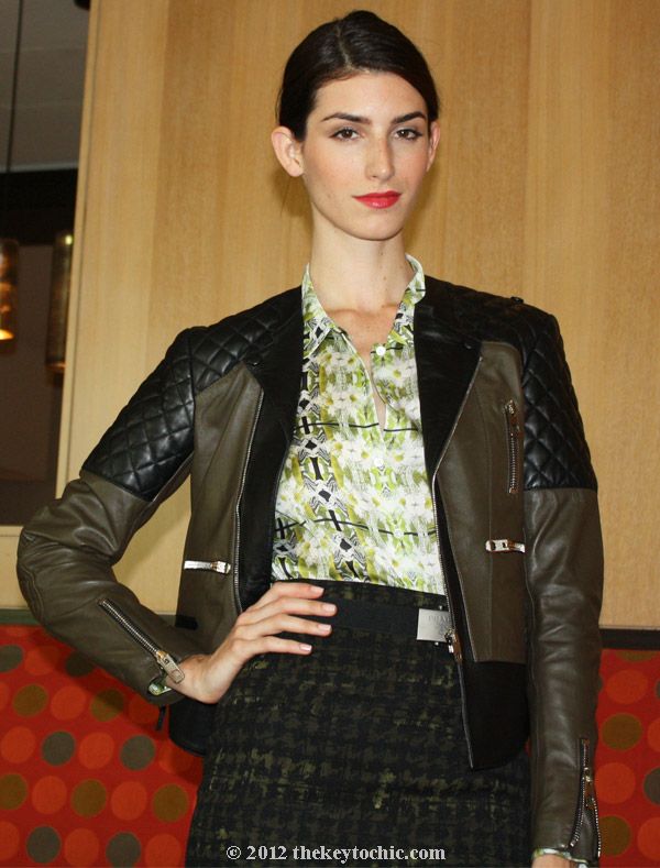 Balenciaga quilted moto jacket, Theyskens Theory printed blouse, Prada fall 2012 skirt