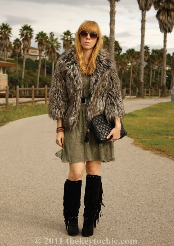 shaggy faux fur jacket, Forever 21 lace dress, Report Enid fringe boots, L.A. fashion blogger