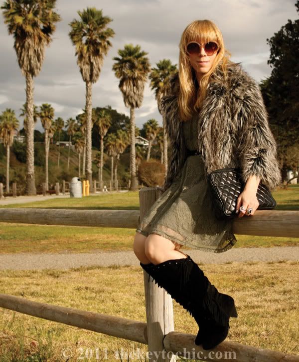 shaggy faux fur jacket, Forever 21 lace dress, Report Enid fringe boots, L.A. fashion blogger
