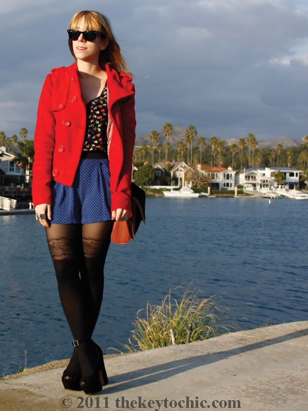 Daily Buzz Style polka dot 9x9, Forever 21 floral garter tights, polka dot shorts, Los Angeles fashion blog
