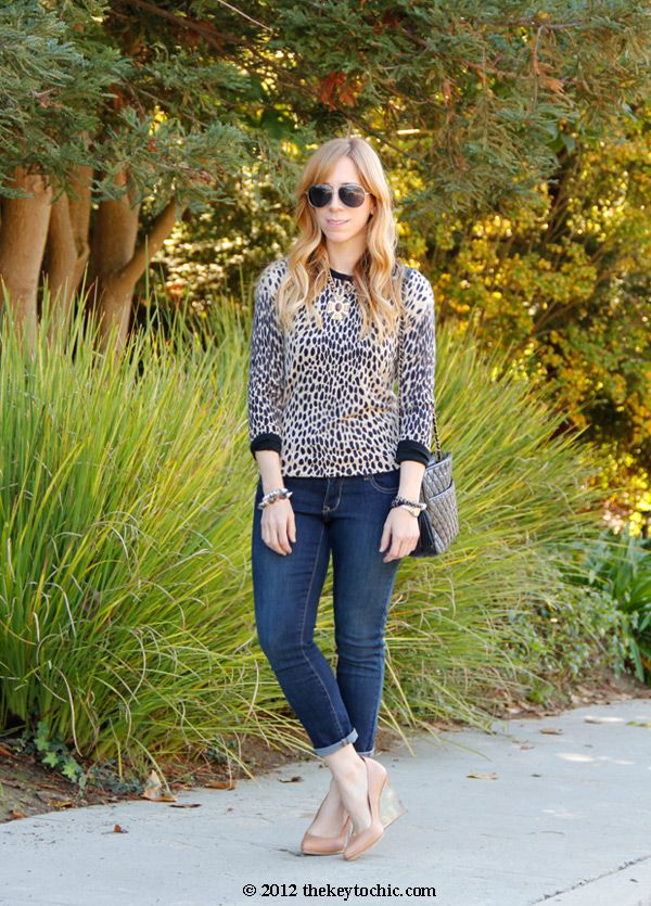 J Crew animal print sweater, Maison Martin Margiela H&M tan invisible wedge pumps, nude wedges with lucite heels, Old Navy super skinny jeans, Los Angeles fashion blog