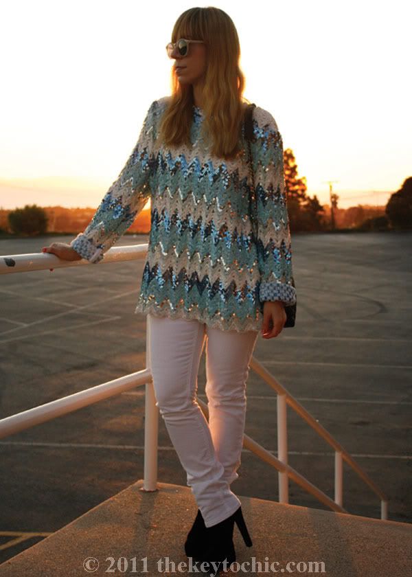 vintage sequin top, white skinny jeans, Bakers Susie boots, southern California fashion blogger