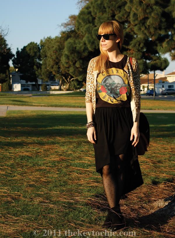 Forever 21 leopard cardigan, Guns N' Roses T-shirt, high-low skirt, Sam Edelman Louie boots, Los Angeles fashion blog