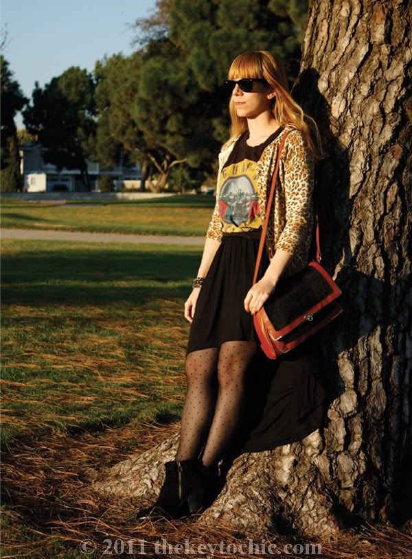 Forever 21 leopard cardigan, Guns N' Roses T-shirt, high-low skirt, Sam Edelman Louie boots, Los Angeles fashion blog
