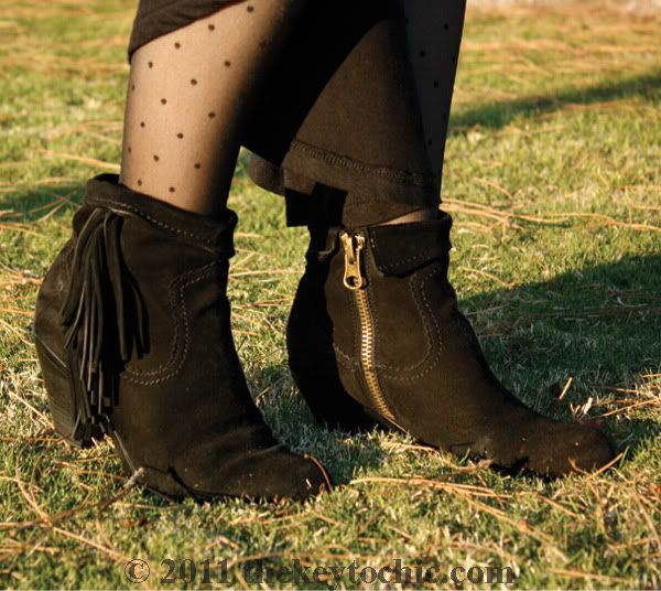 high-low hemline skirt, dotted tights, Sam Edelman Louie boots, Los Angeles fashion blog