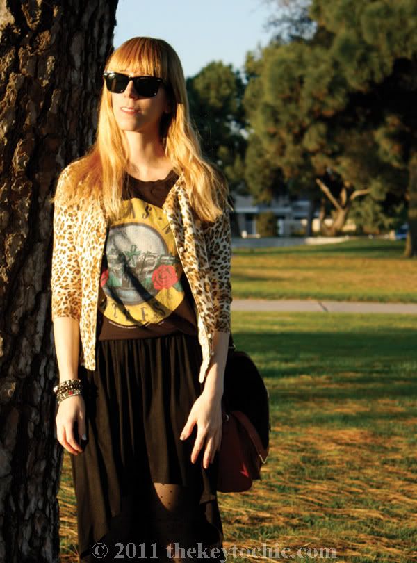 Forever 21 leopard cardigan, Guns N' Roses T-shirt, high-low skirt, Los Angeles fashion blog