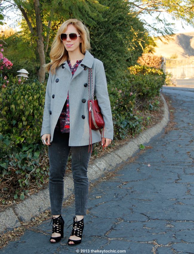 LA fashion blogger The Key To Chic wears an Isabel Marant for H&M bouse, Mossimo skinny jeans, an Old Navy wool peacoat, Cutout Qupid Immortal 23 heels c/o AMI Clubwear and a Rebecca Minkoff Swing handbag
