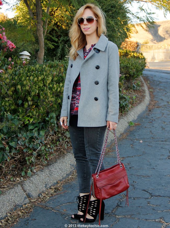 LA fashion blogger The Key To Chic wears an Isabel Marant for H&M bouse, Mossimo skinny jeans, an Old Navy wool peacoat, Cutout heels c/o AMI Clubwear and a Rebecca Minkoff Swing handbag