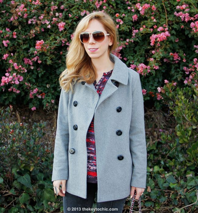 LA fashion blogger The Key To Chic wears an Isabel Marant for H&M bouse, Mossimo skinny jeans, an Old Navy wool peacoat, and a Rebecca Minkoff Swing handbag
