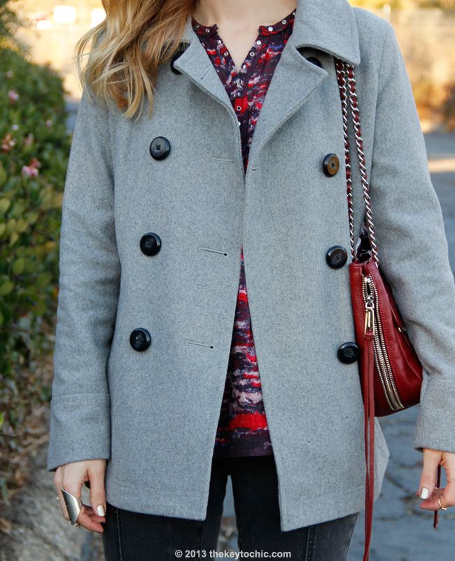 LA fashion blogger The Key To Chic wears an Isabel Marant for H&M bouse, Mossimo gray zip pocket skinny jeans, an Old Navy wool coat, and a Rebecca Minkoff Swing handbag