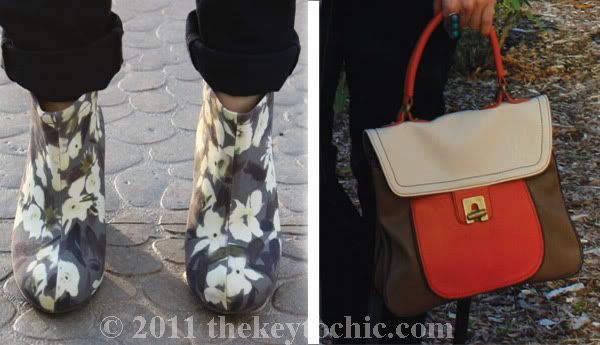 H&M Conscious floral booties, Forever 21 two-tone handbag, southern California fashion blog