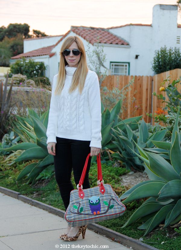 white cable knit turtleneck sweater, Cheap Monday skinny jeans, owl handbag, Steve Madden Poized leopard heels, Los Angeles fashion blog