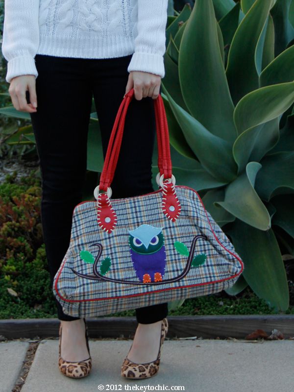 white cable knit turtleneck sweater, Cheap Monday skinny jeans, owl handbag, Steve Madden Poized leopard heels, Los Angeles fashion blog