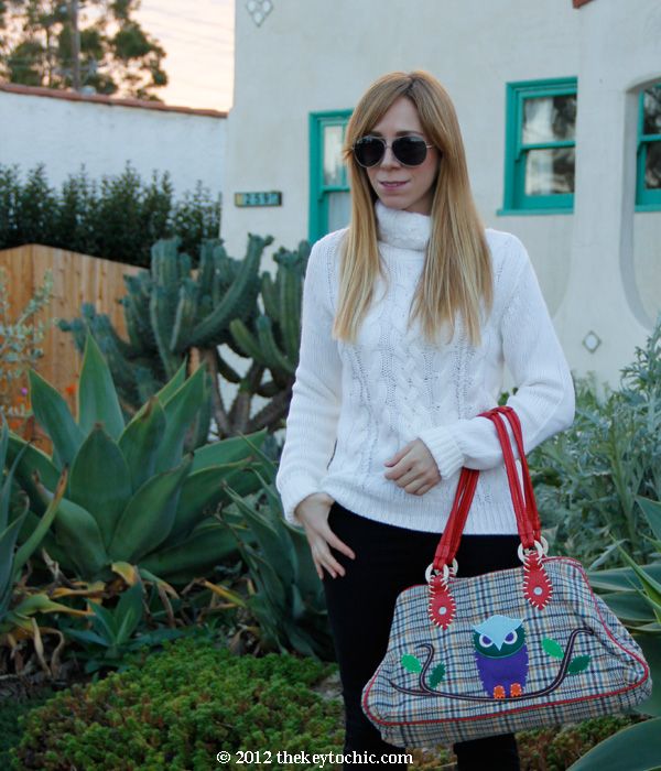 white cable knit turtleneck sweater, Cheap Monday skinny jeans, owl handbag, Los Angeles fashion blog
