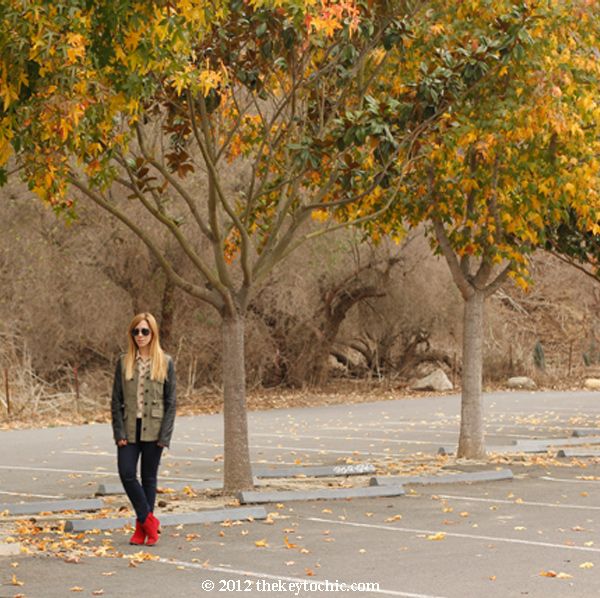 Equipment floral blouse, Rag & Bone skinny jeans, leather sleeve military jacket, Aldo Mandina boots, Los Angeles fashion blog