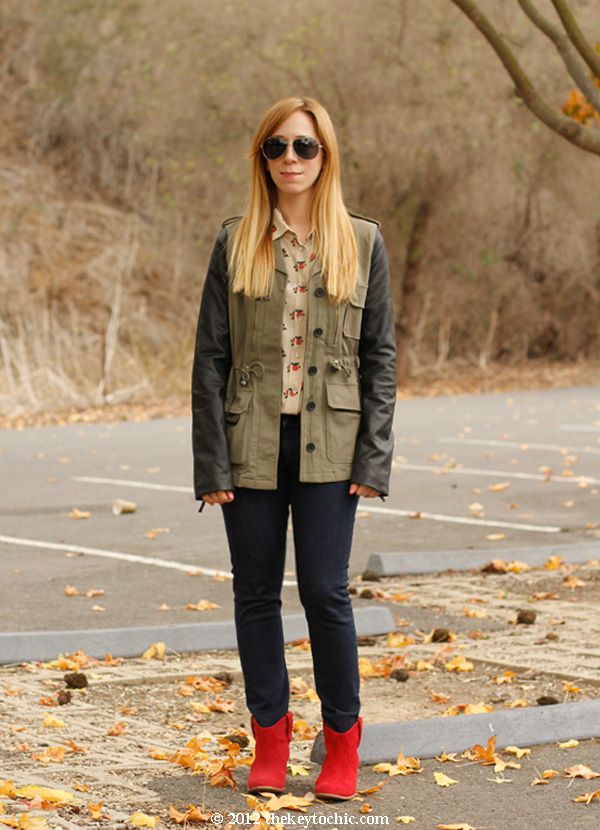 Equipment floral blouse, Rag & Bone skinny jeans, leather sleeve military jacket, Aldo Mandina boots, Los Angeles fashion blog
