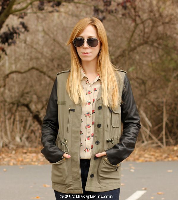 Equipment floral blouse, Lush leather sleeve military jacket, mixed media field jacket, Los Angeles fashion blog