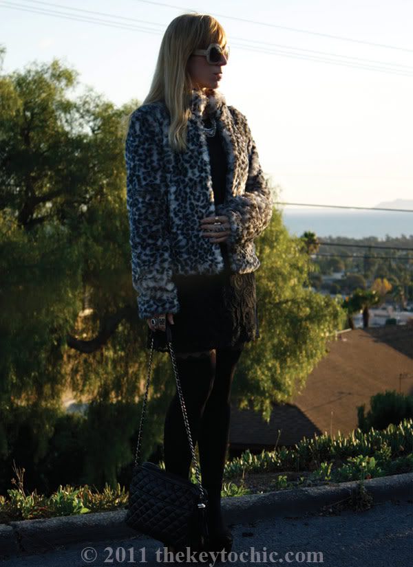 H&M leopard faux fur coat, lace dress, Steve Madden Grettta heels, Los Angeles fashion blog