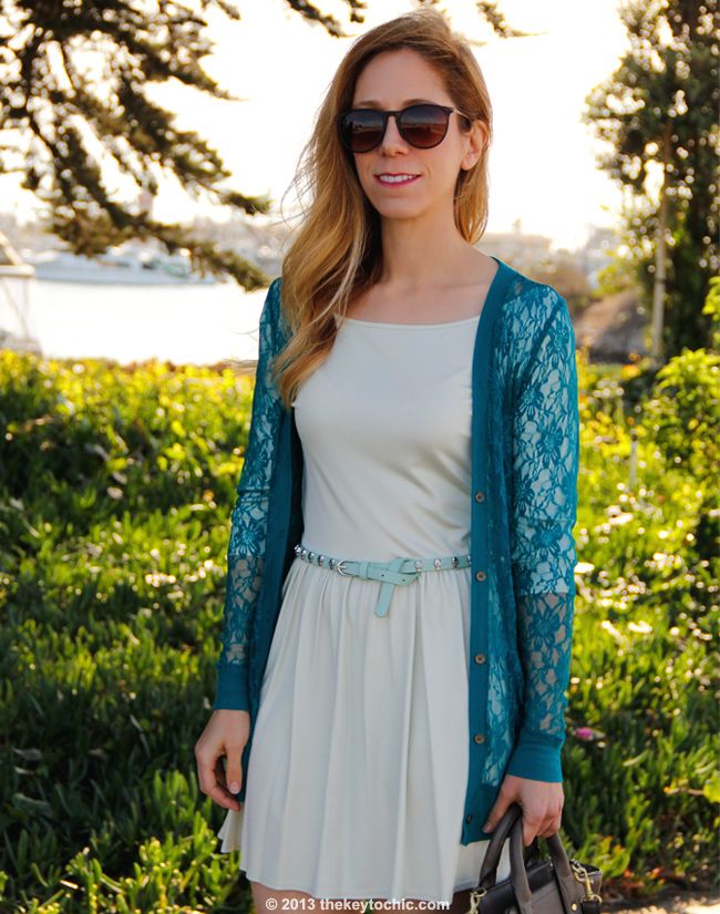 Los Angeles fashion blogger The key To Chic wears a Forever 21 lace cardigan, Phillip Lim for Target satchel, skull stud belt