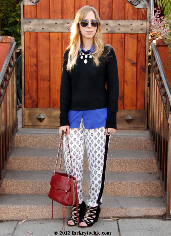 Mossimo sweater, Narciso Rodriguez for DesigNation Kohl's medallion charmeuse pajama trousers, Aldo Maune wedges, Los Angeles fashion blog