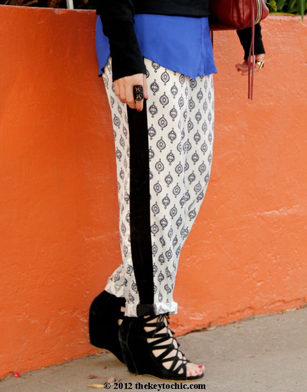 Mossimo sweater, Narciso Rodriguez for DesigNation Kohl's pajama trousers, Narciso Rodriguez Kohl's medallion charmeuse pants, Aldo Maune wedges, Los Angeles fashion blog