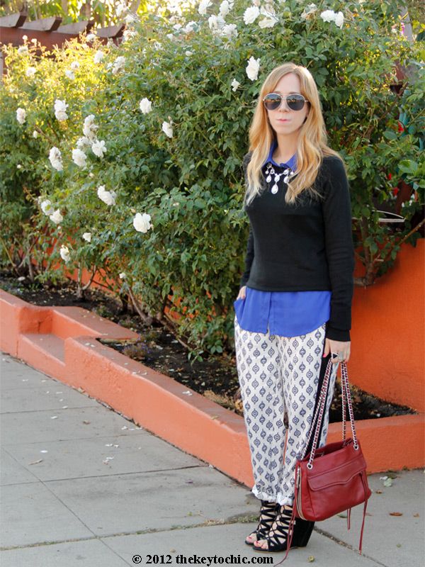 Mossimo sweater, Narciso Rodriguez for DesigNation Kohl's white pajama pants, Aldo Maune wedges, Los Angeles fashion blog