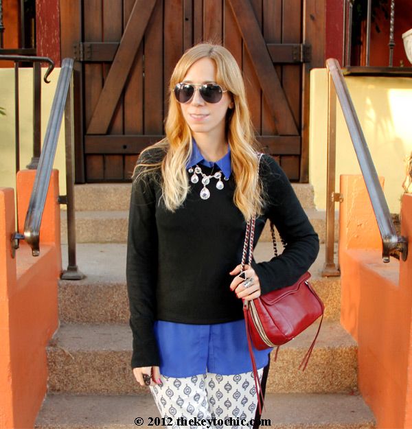 Mossimo sweater, chandelier necklace, Rebecca Minkoff Swing bag, Los Angeles fashion blog