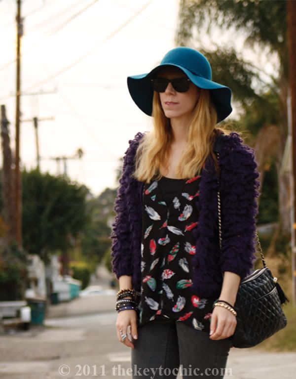 looped knit sweater, Cheap Monday jeans, feather print top, Sam Edelman Louie boots, floppy hat, California fashion blog