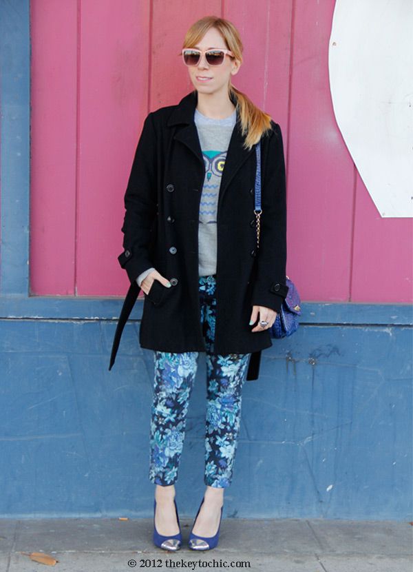 Mossimo owl sweater, Else floral jeans, Old Navy wool peacoat, Mossimo cap toe Viveca pumps, LA fashion blog