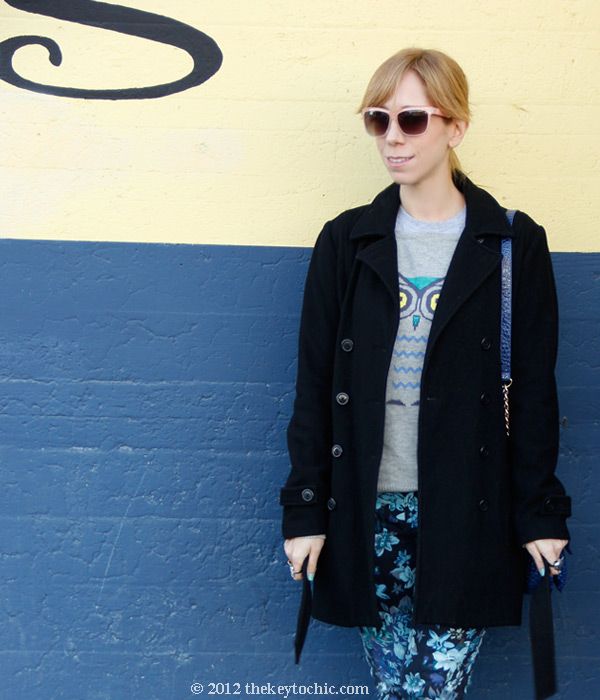 Mossimo owl sweater, Else floral jeans, Old Navy wool peacoat, LA fashion blog