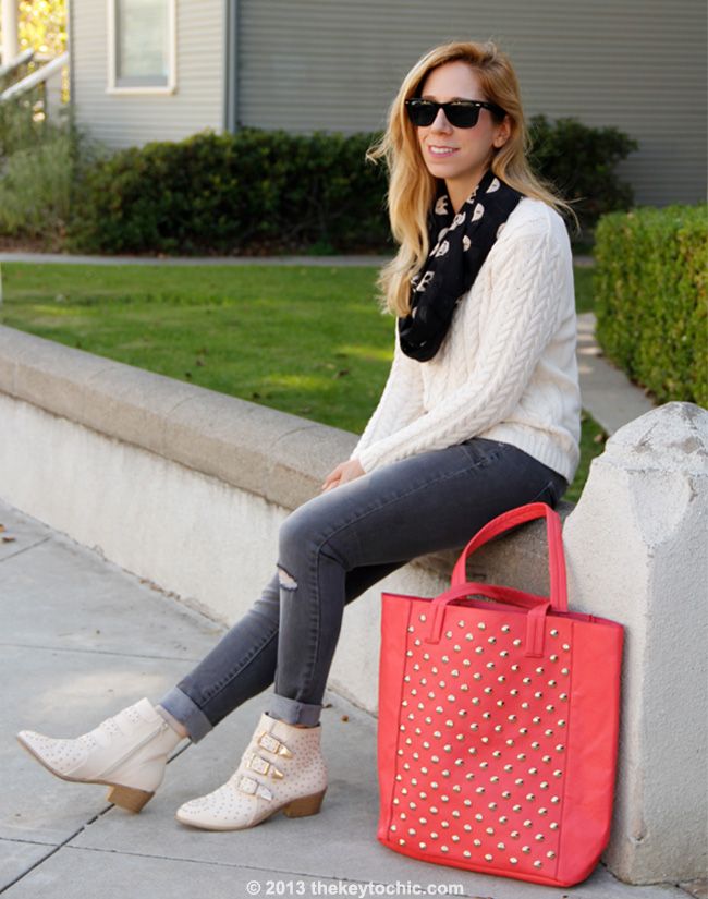 Cotton On cable knit sweater, Mossimo gray skinny jeans, Charlotte Russe studded triple buckle ankle bootie, Charlotte Russe skull infinity scarf, and Charlotte Russe coral studded tote bag