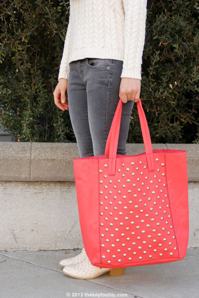 Cotton On cable knit sweater, Mossimo gray skinny jeans, Charlotte Russe studded triple buckle ankle bootie, and Charlotte Russe coral studded tote bag