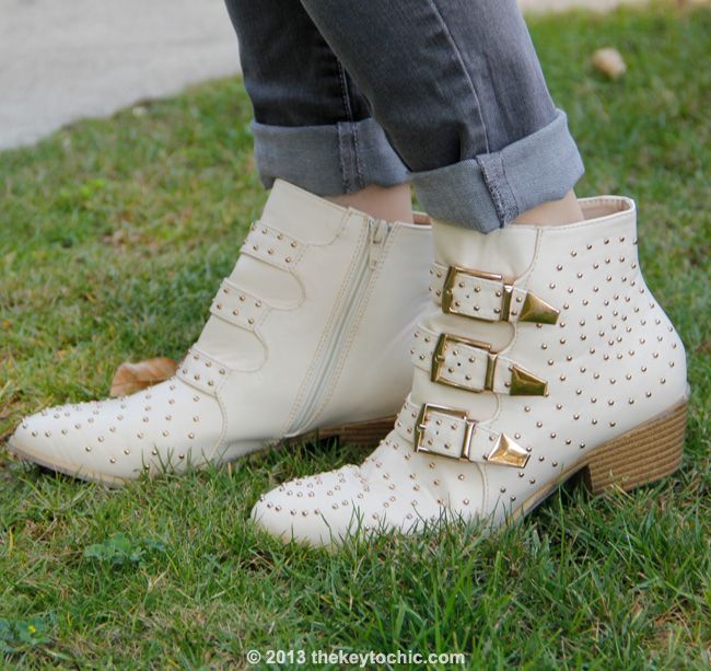 Charlotte Russe ivory white studded triple buckle ankle bootie